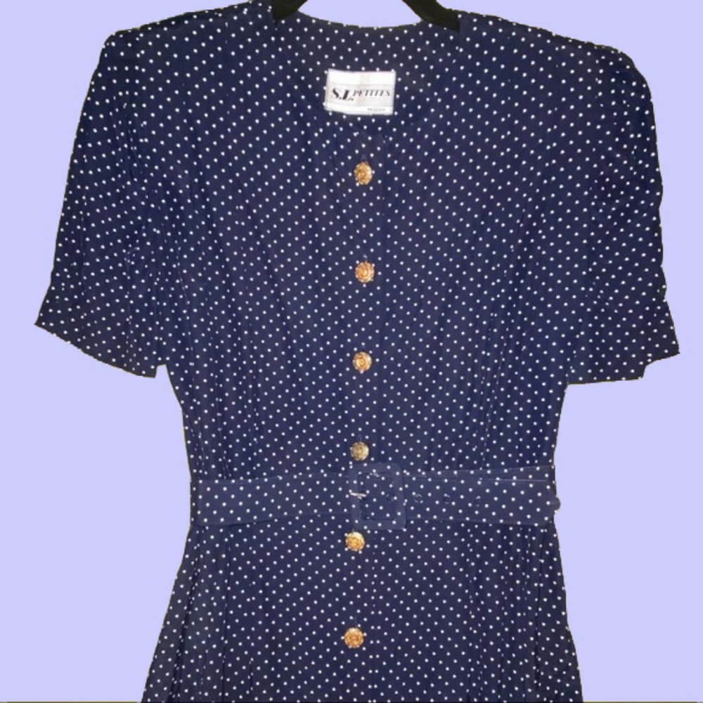 1980s Rayon Belted Dress Shoulder Pads Button front polka dots - Picture 2 of 5